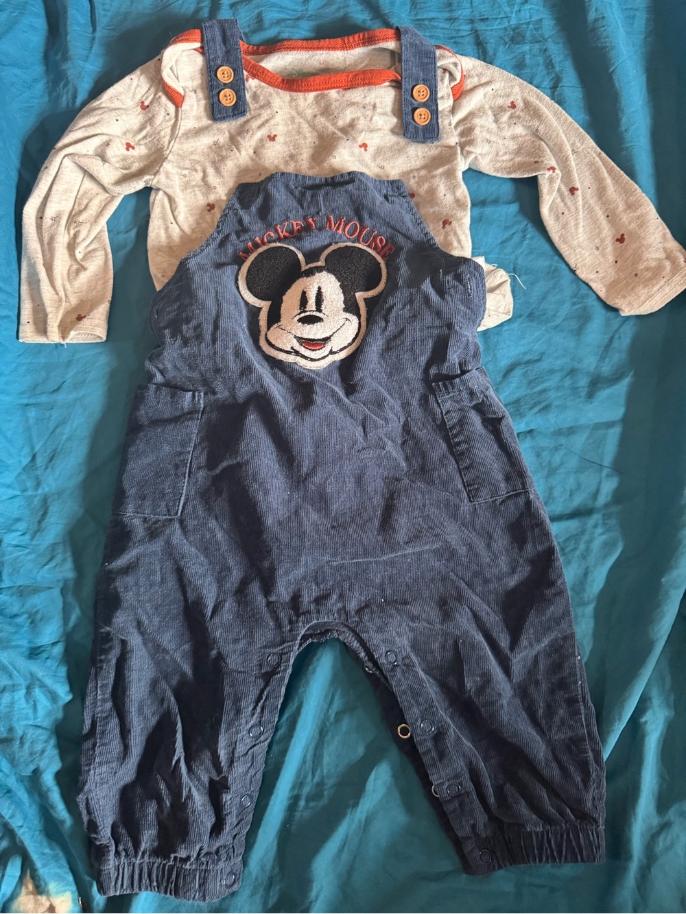 Disney Navy Mickey Mouse Denim-Style Overalls with Orange Trim
